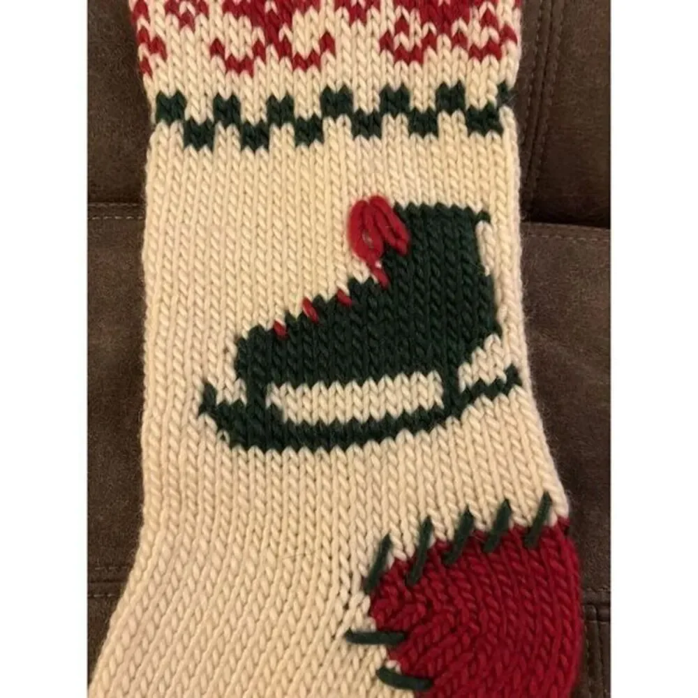 Hand Knit Ivory Christmas Stocking with Ice Skate‎ Sweater Print 18x7 Inches